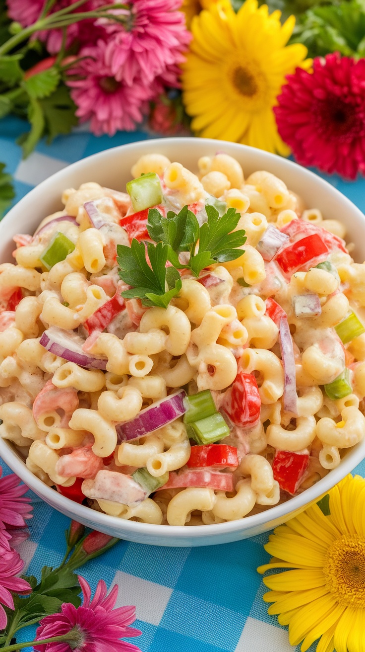 Classic Macaroni Salad with a Twist A bowl of macaroni salad with elbow pasta, celery, bell peppers, and onions, garnished with parsley on a picnic table.